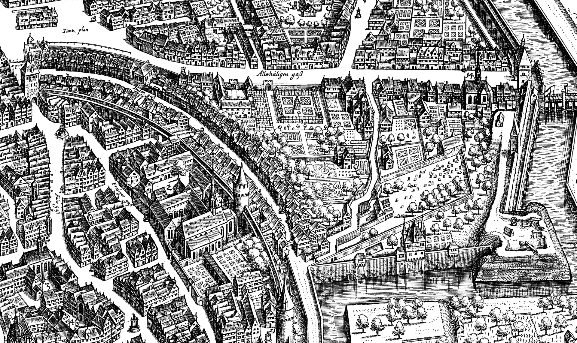 Die bogenförmige Frankfurter Judengasse auf einer Stadtansicht aus dem Jahr 1628